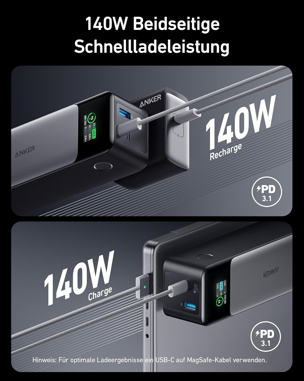 Anker 737 Powerbank (PowerCore 24K), 24.000mAh externer Akku mit 3 Anschlüsse, 140W Leistung, Digitales Display, Kompatibel mit iPhone 13 Serie, Galaxy, MacBook, Dell, AirPods und mehr
