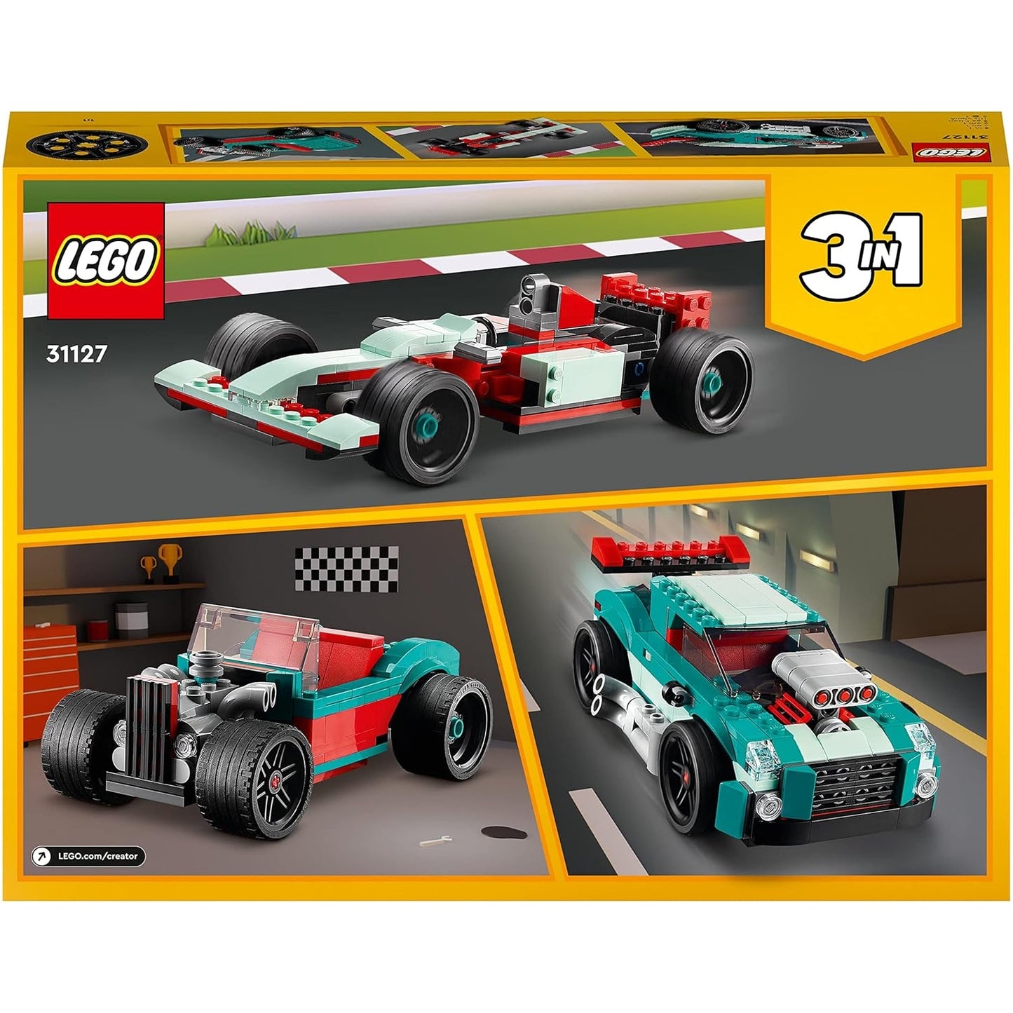LEGO 31127 Creator 3-in-1 Straßenflitzer: Rennwagen Muscle Car Und Hot Rod Modellauto Bausatz