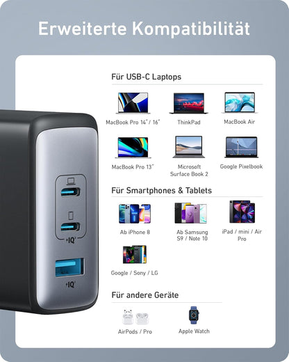 100W USB C Ladegerät, Anker 736 Charger (Nano II) Schnellladegerät, 3-Port USB C Netzteil für MacBook Pro/Air, iPad Pro, Galaxy S22/S20, iPhone 15/Pro
