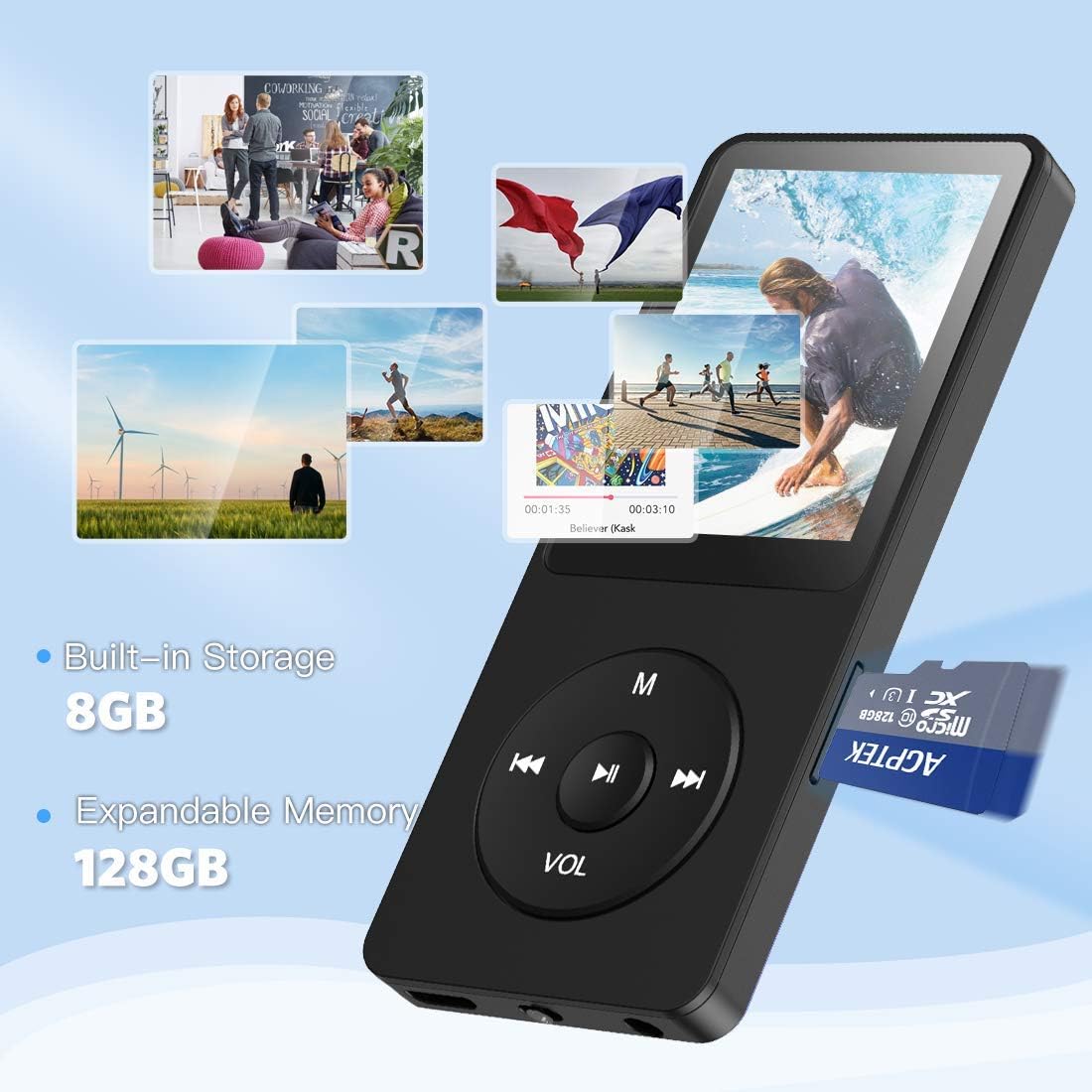 AGPTEK MP3 Player 8GB verlustfrei MP3 mit 1,8 Zoll Bildschirm 70 Stunden tragbare Musik Player mit Kopfhörer