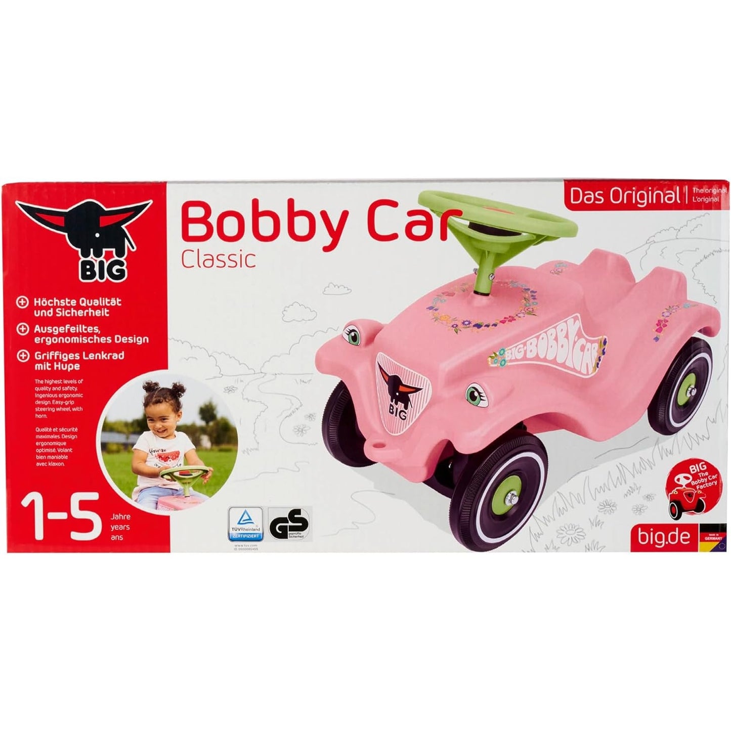 BIG-Bobby-Car Classic Flower Kinderfahrzeug mit Blumenaufklebern für Jungen und Mädchen