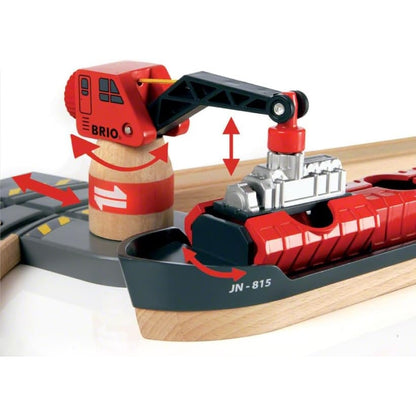 BRIO World 33061 Container Hafen Set Mit Hafenbrücke und beweglichem Kran zum Beladen des Frachtschiffes