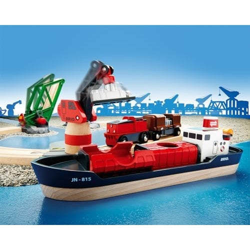 BRIO World 33061 Container Hafen Set Mit Hafenbrücke und beweglichem Kran zum Beladen des Frachtschiffes