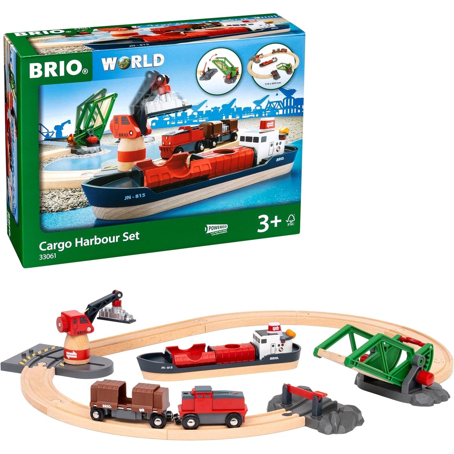 BRIO World 33061 Container Hafen Set Mit Hafenbrücke und beweglichem Kran zum Beladen des Frachtschiffes