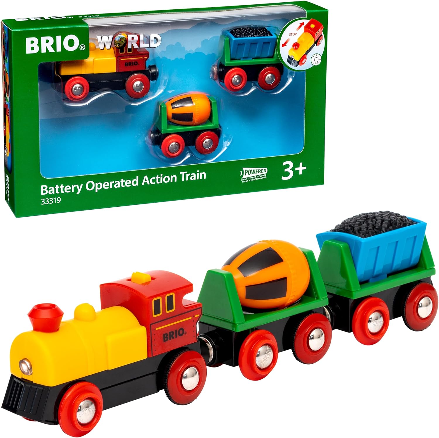 BRIO World 33319 Zug mit Batterielok Mit beweglichem Kohlewaggon und rotierendem Zementmischer