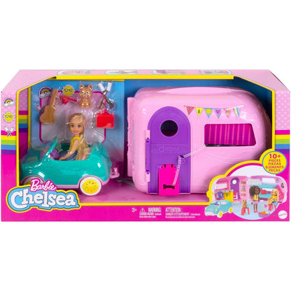 Barbie Chelsea Serie, Chelsea Auto und Camper Set mit 10+ Barbie Camping Accessoires