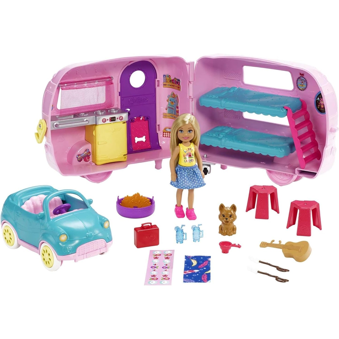 Barbie Chelsea Serie, Chelsea Auto und Camper Set mit 10+ Barbie Camping Accessoires