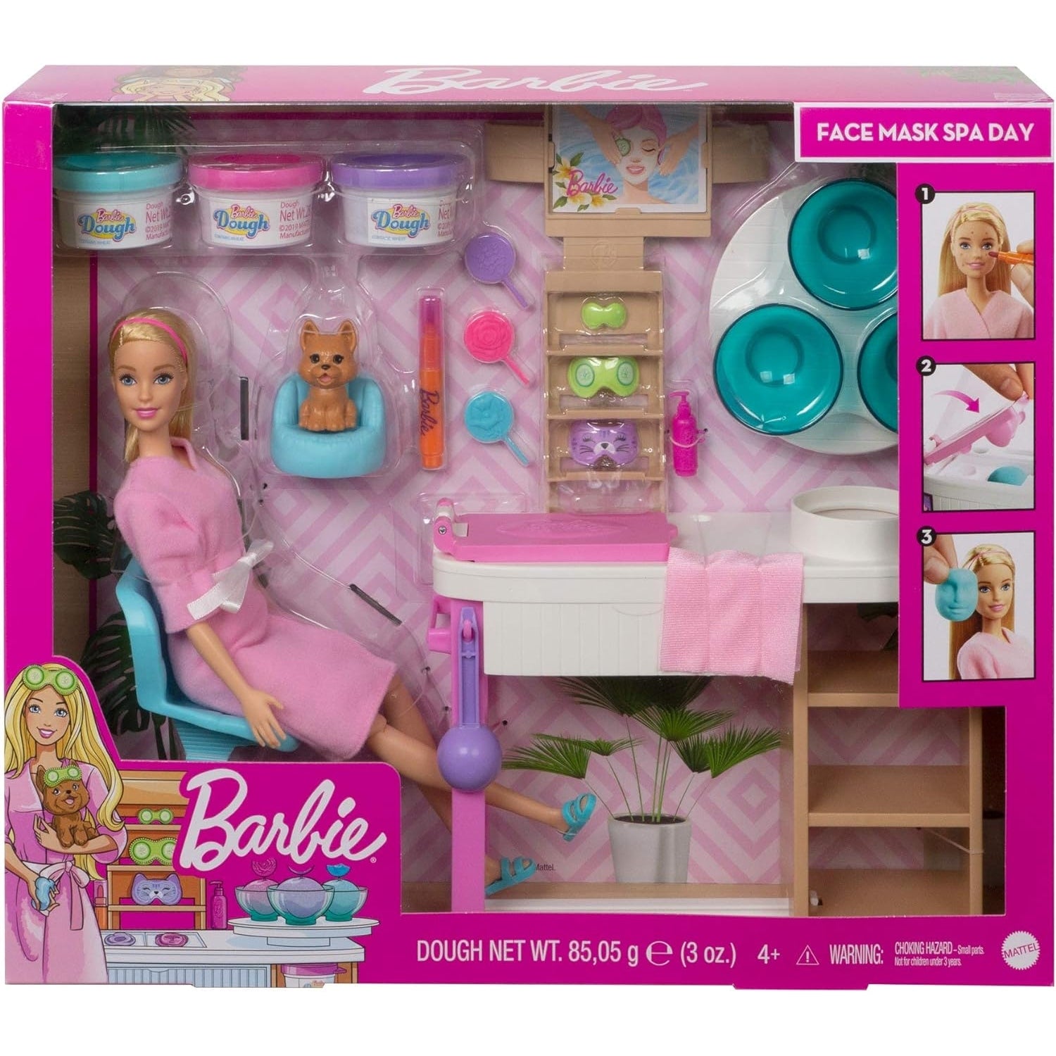 Barbie GJR84 Gesichtsmaske Spa Day, Barbie-Puppe mit blonden Haaren, Welpe, 3 Barbie-Knetsets