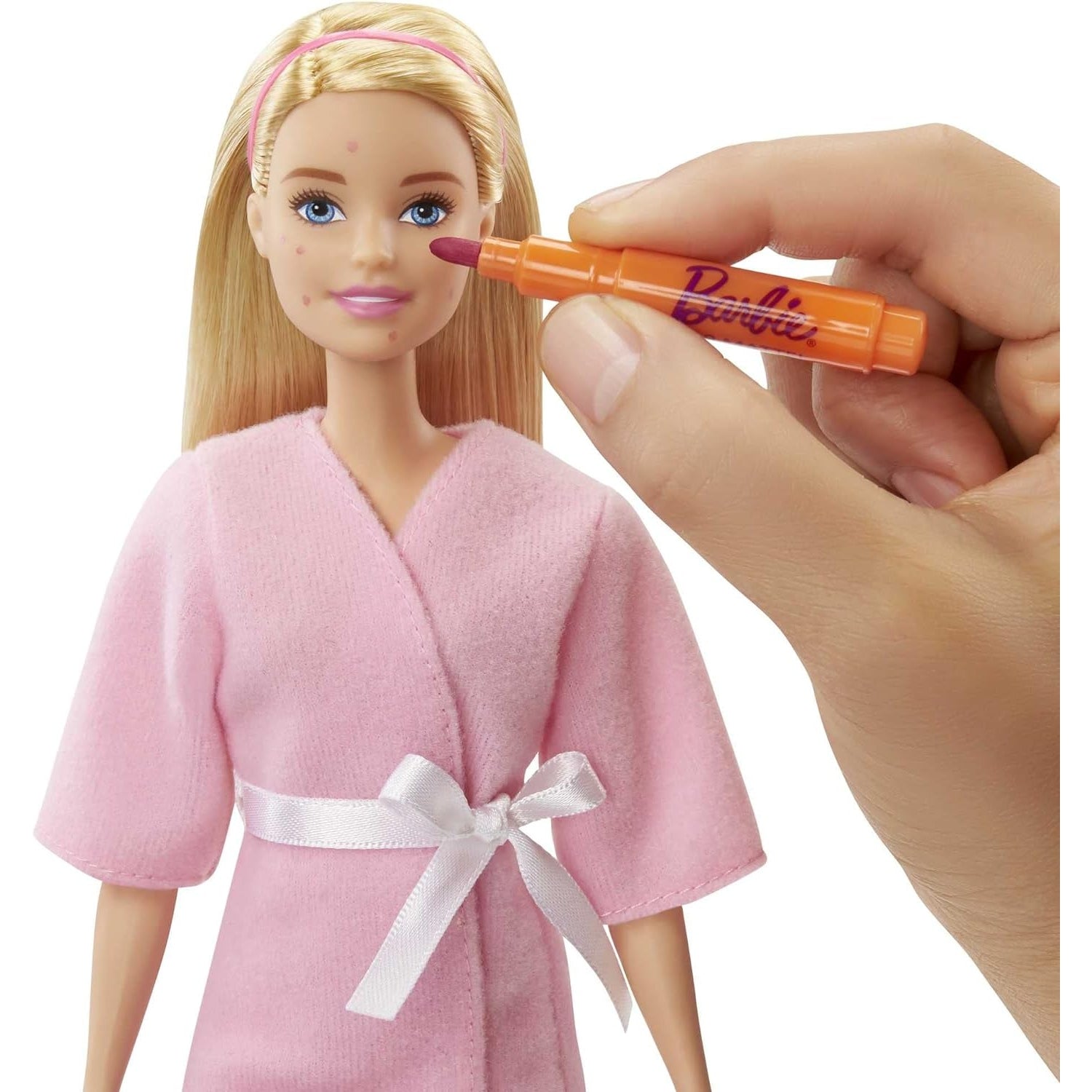 Barbie GJR84 Gesichtsmaske Spa Day, Barbie-Puppe mit blonden Haaren, Welpe, 3 Barbie-Knetsets