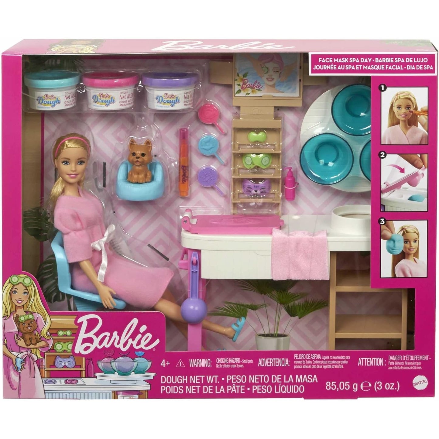 Barbie GJR84 Gesichtsmaske Spa Day, Barbie-Puppe mit blonden Haaren, Welpe, 3 Barbie-Knetsets