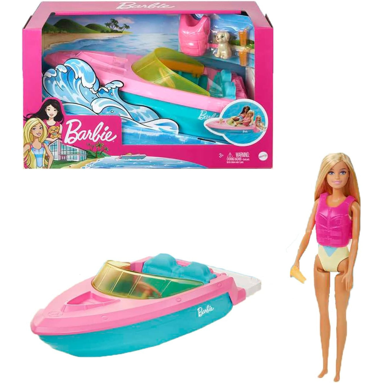 Barbie GRG30 Speedboat Set Barbiepuppe mit blonden Haaren rosa Schwimmweste Boot Welpe