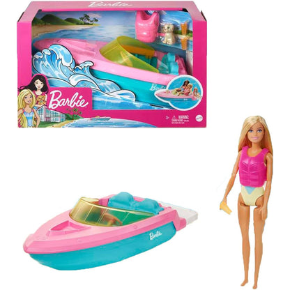 Barbie GRG30 Speedboat Set Barbiepuppe mit blonden Haaren rosa Schwimmweste Boot Welpe