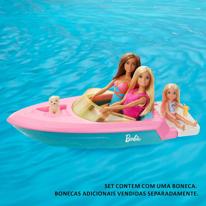 Barbie GRG30 Speedboat Set Barbiepuppe mit blonden Haaren rosa Schwimmweste Boot Welpe