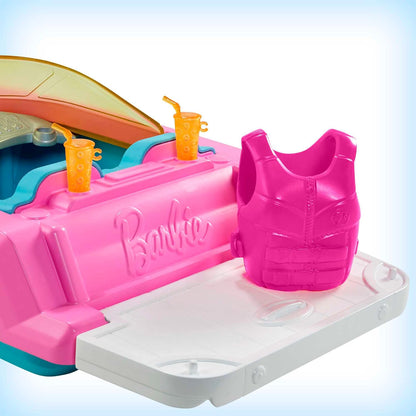 Barbie GRG30 Speedboat Set Barbiepuppe mit blonden Haaren rosa Schwimmweste Boot Welpe