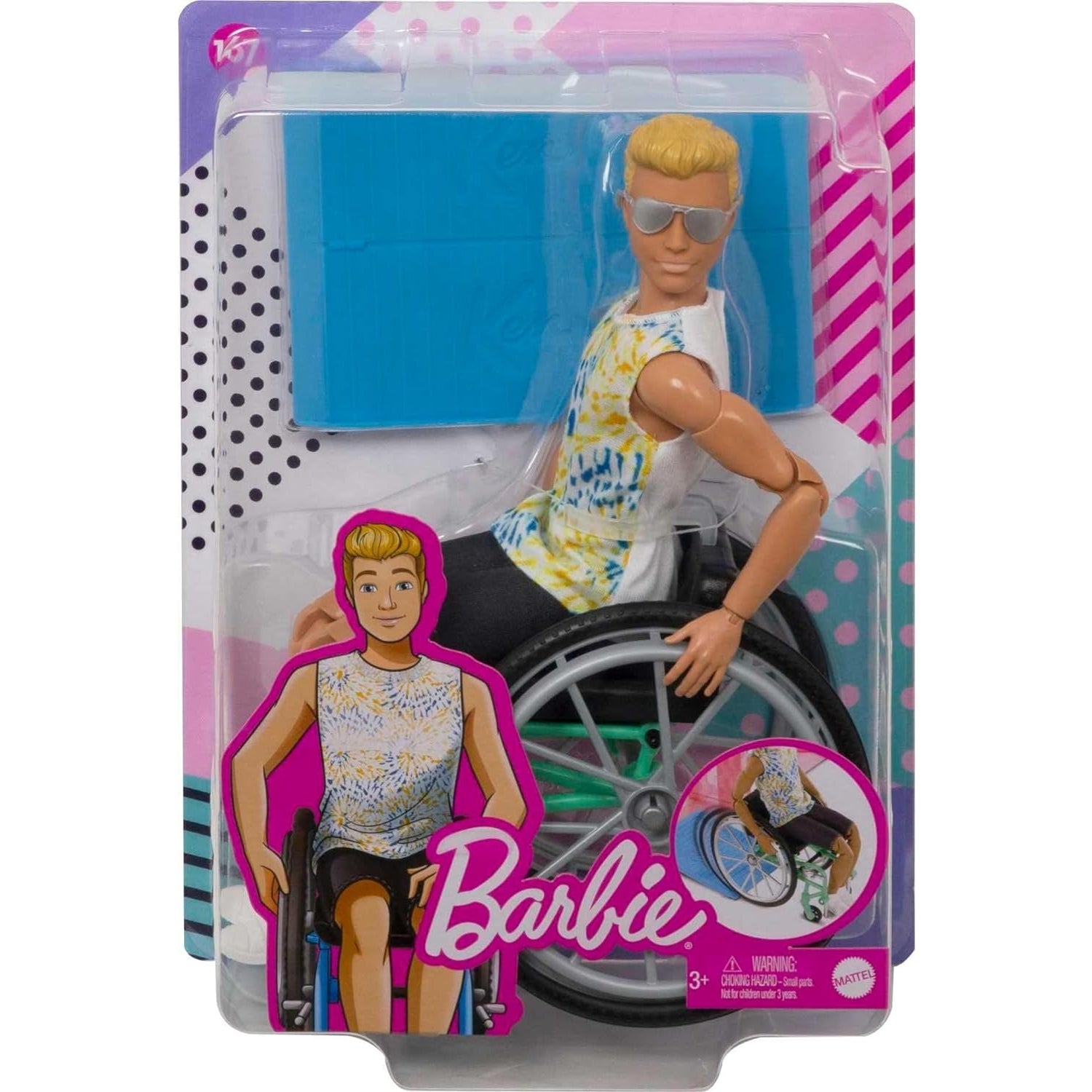 Barbie GWX93 Ken Puppe mit Rollstuhl und Rampe, bekleidet mit einem Batik-Shirt, schwarzen Shorts