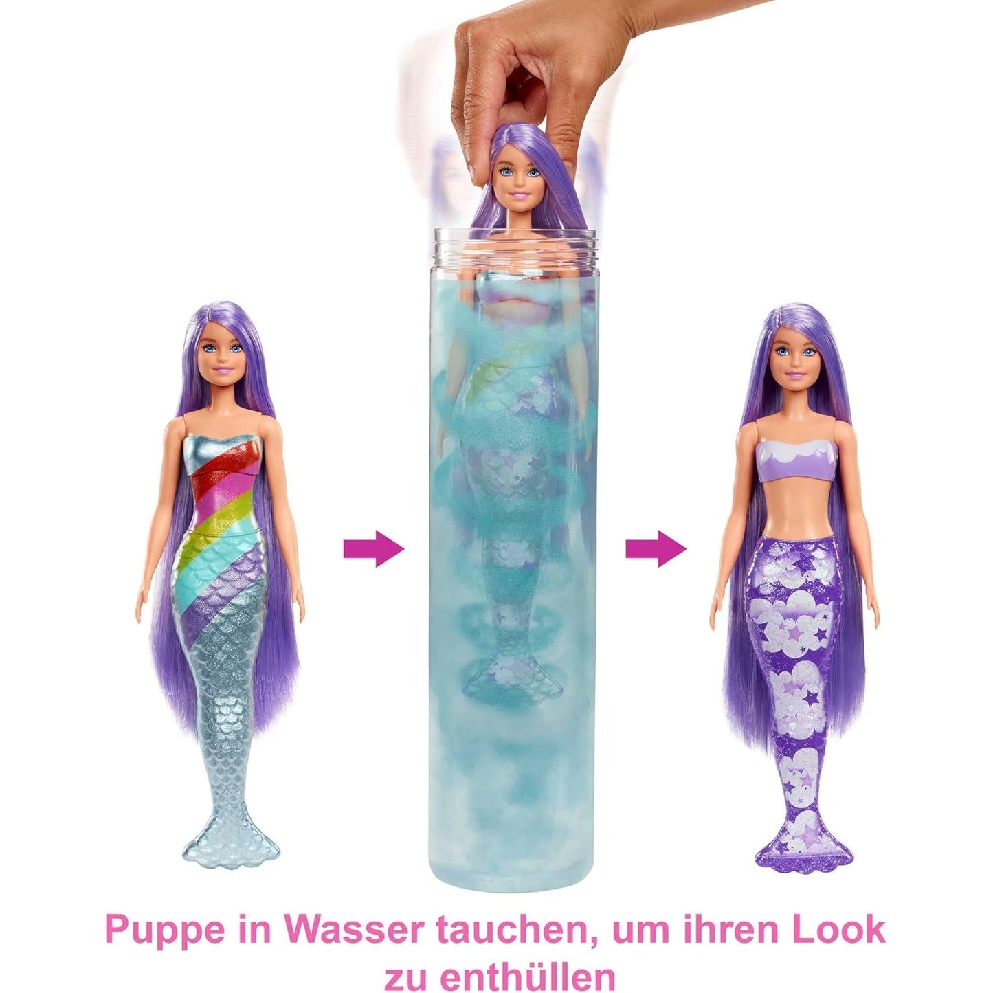 Barbie HCC46 Color Reveal Meerjungfrauenpuppe mit 7 Überraschungen beim Auspacken