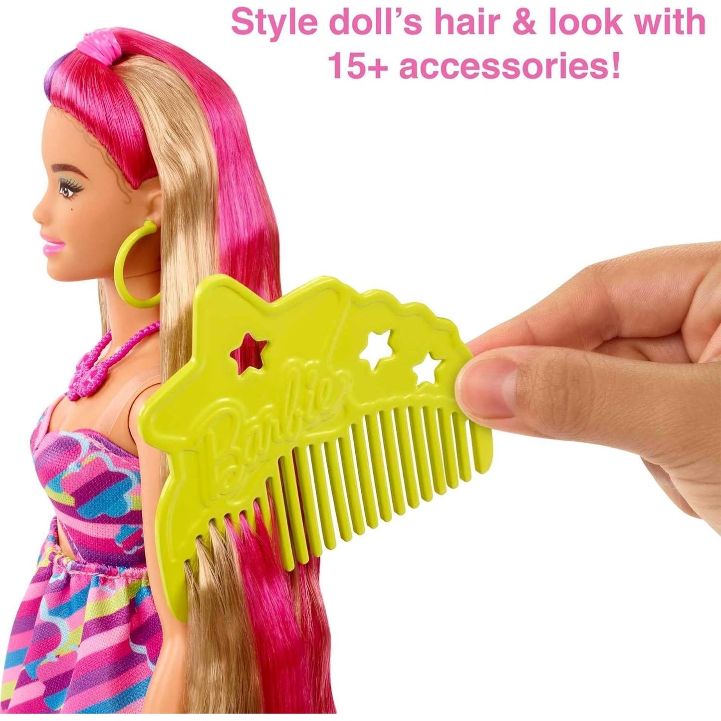 Barbie HCM89 Totally Hair Puppe Blond/Bunte Haare im Blumen Print Kleid mit 15 Zubehör