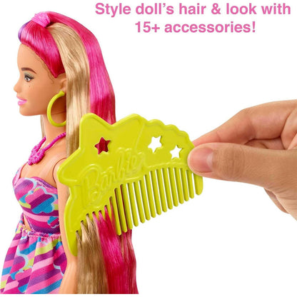 Barbie HCM89 Totally Hair Puppe Blond/Bunte Haare im Blumen Print Kleid mit 15 Zubehör