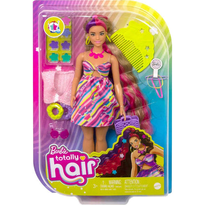 Barbie HCM89 Totally Hair Puppe Blond/Bunte Haare im Blumen Print Kleid mit 15 Zubehör