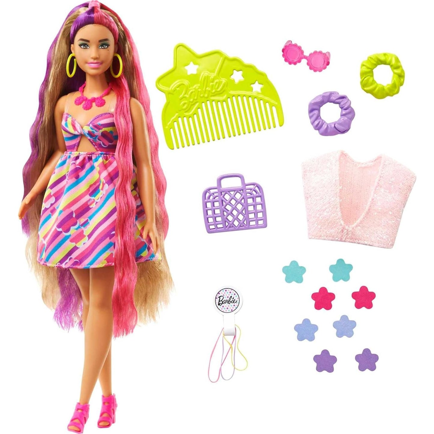 Barbie HCM89 Totally Hair Puppe Blond/Bunte Haare im Blumen Print Kleid mit 15 Zubehör