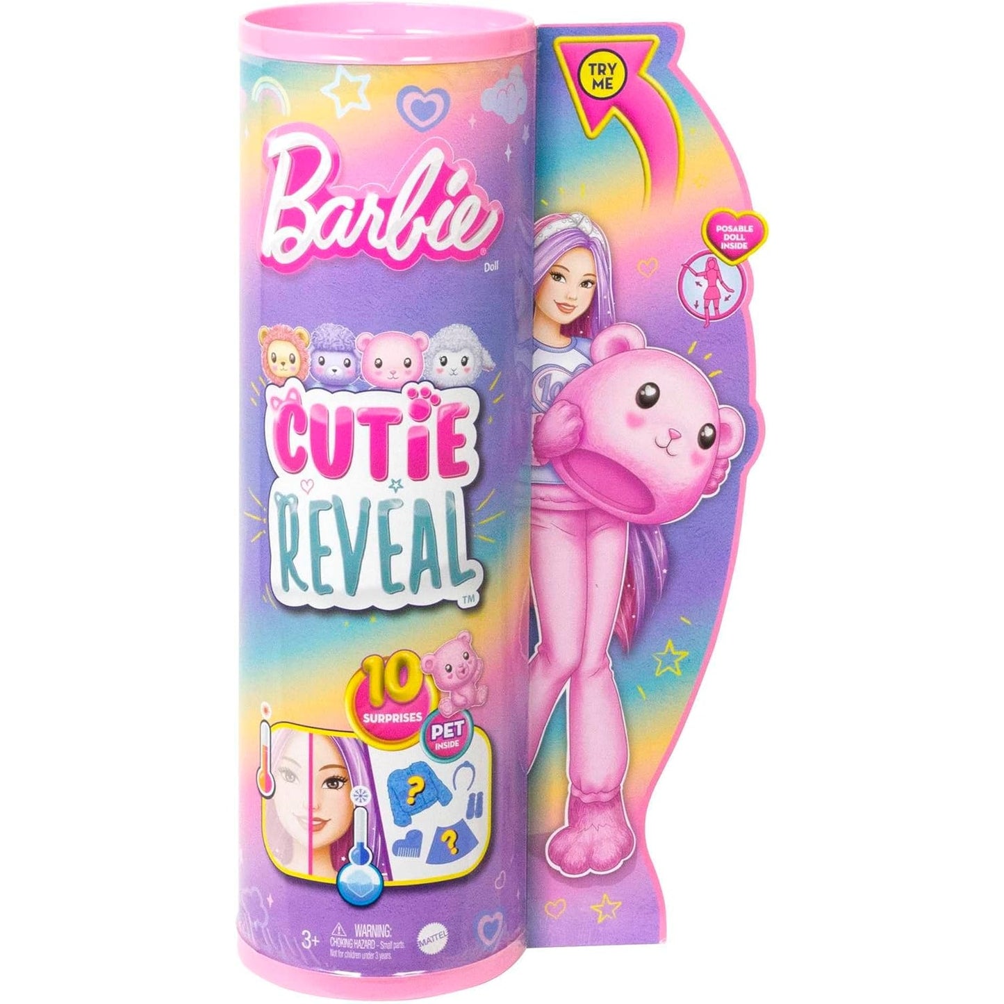 Barbie HKR04 Cutie Reveal Puppe - Kuschelweiche Plüschverpackung mit 10 Überraschungen