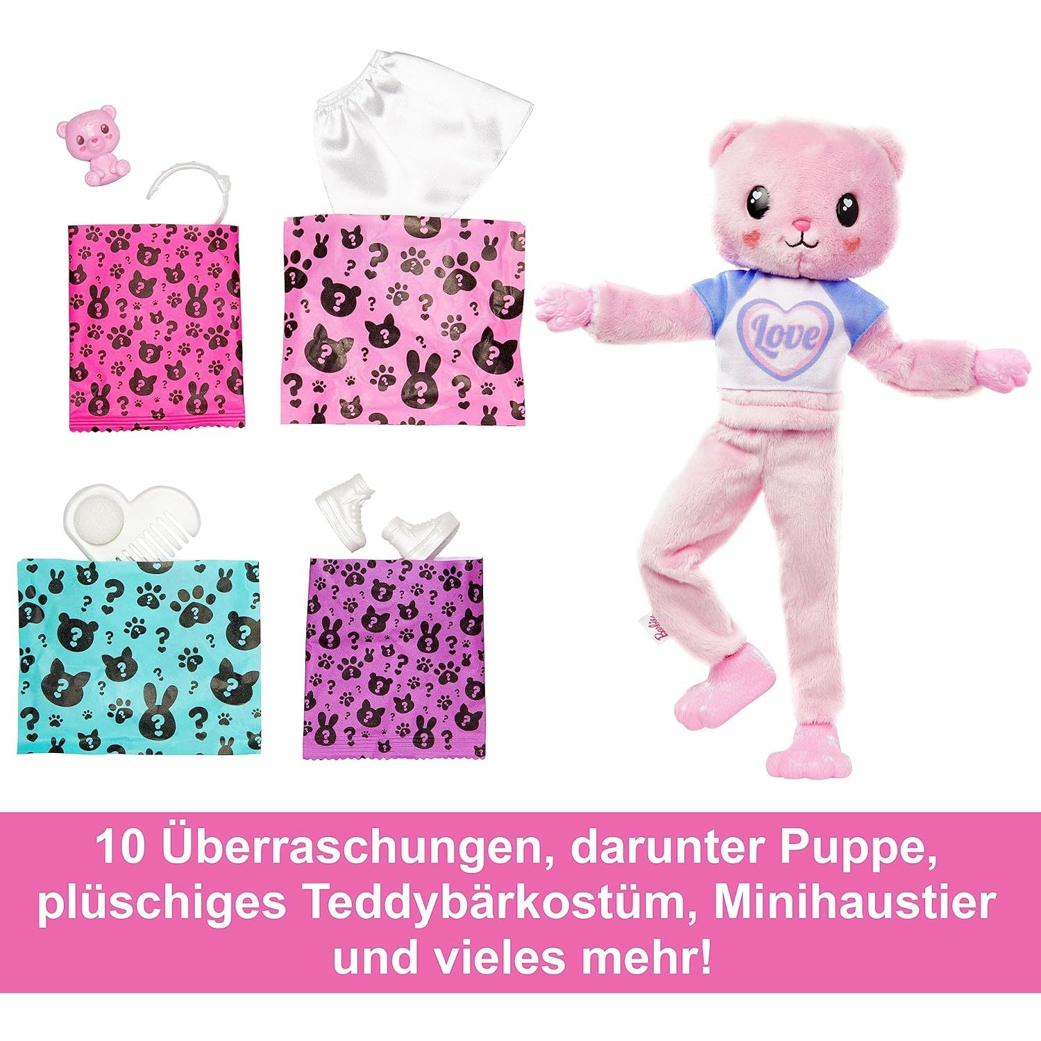 Barbie HKR04 Cutie Reveal Puppe - Kuschelweiche Plüschverpackung mit 10 Überraschungen