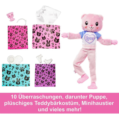 Barbie HKR04 Cutie Reveal Puppe - Kuschelweiche Plüschverpackung mit 10 Überraschungen