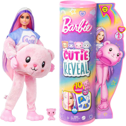 Barbie HKR04 Cutie Reveal Puppe - Kuschelweiche Plüschverpackung mit 10 Überraschungen