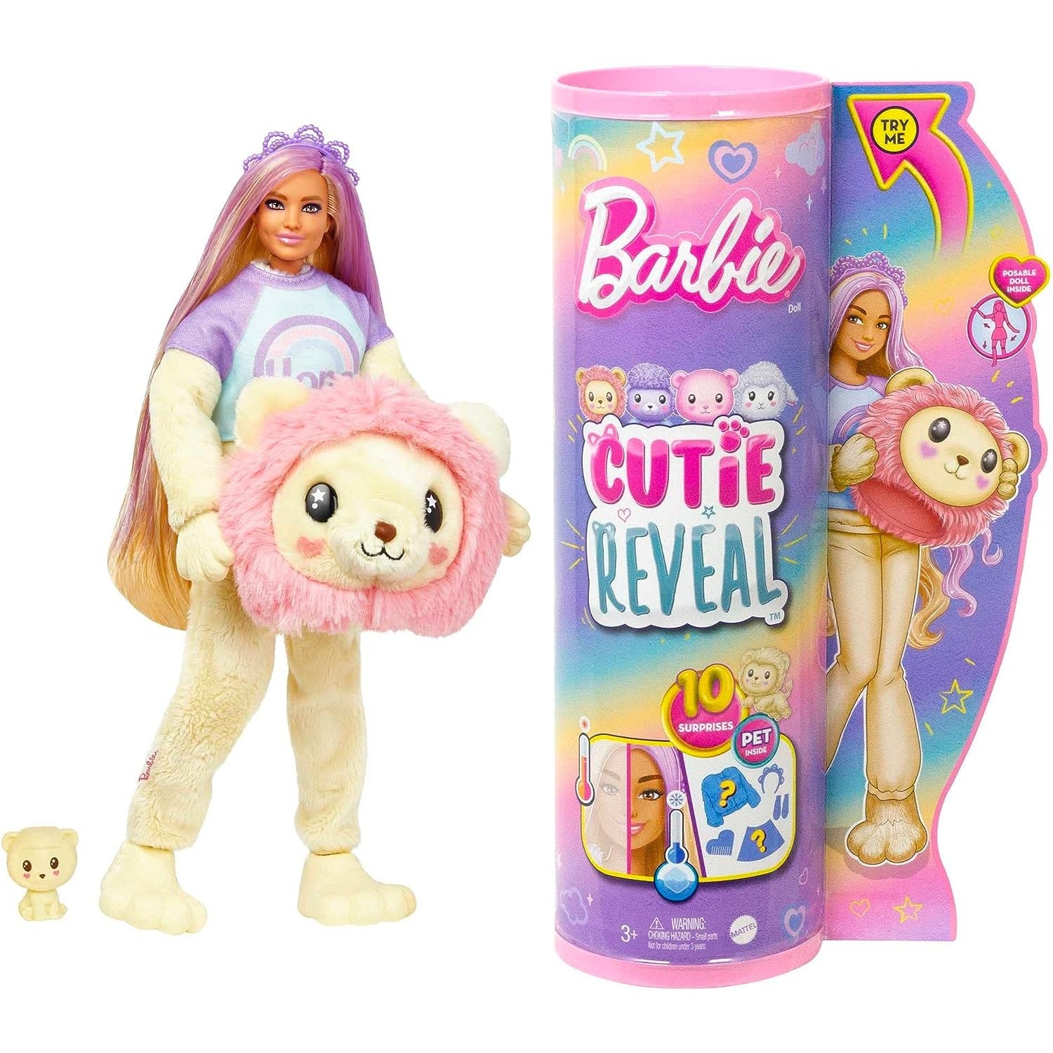 Barbie HKR06 Cutie Reveal Puppe - Plüschlöwe mit 10 Überraschungen, bewegliche Puppe