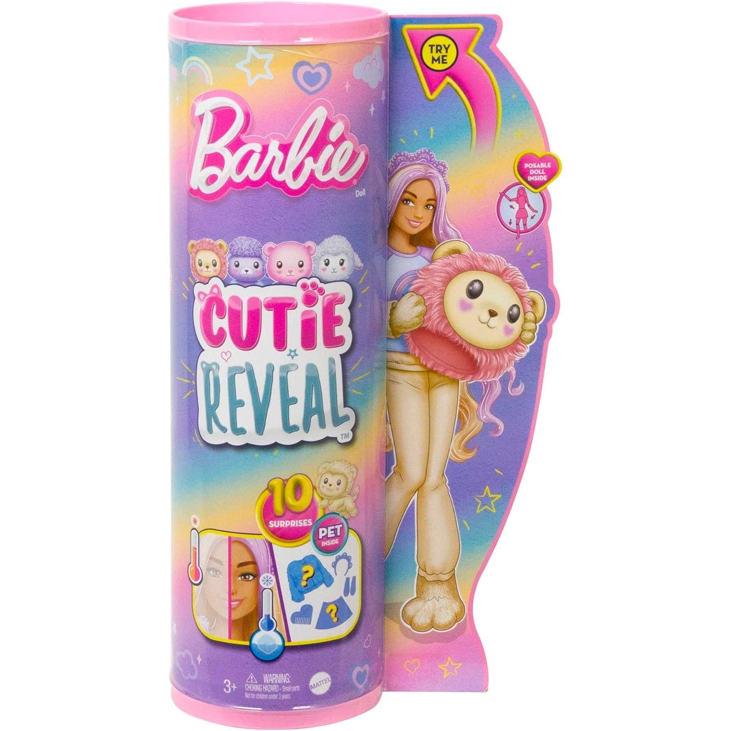 Barbie HKR06 Cutie Reveal Puppe - Plüschlöwe mit 10 Überraschungen, bewegliche Puppe