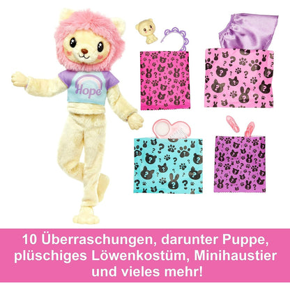 Barbie HKR06 Cutie Reveal Puppe - Plüschlöwe mit 10 Überraschungen, bewegliche Puppe