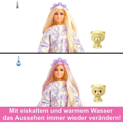 Barbie HKR06 Cutie Reveal Puppe - Plüschlöwe mit 10 Überraschungen, bewegliche Puppe