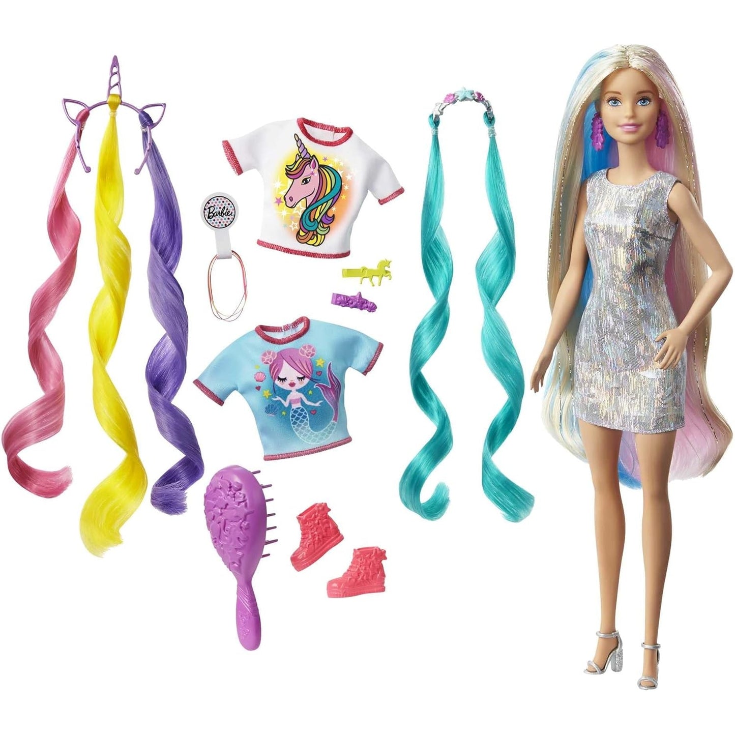 Barbie-Puppe, Einhorn-Barbie-Puppe mit Meerjungfrauenhaar und Einhorn-Haarkrönchen