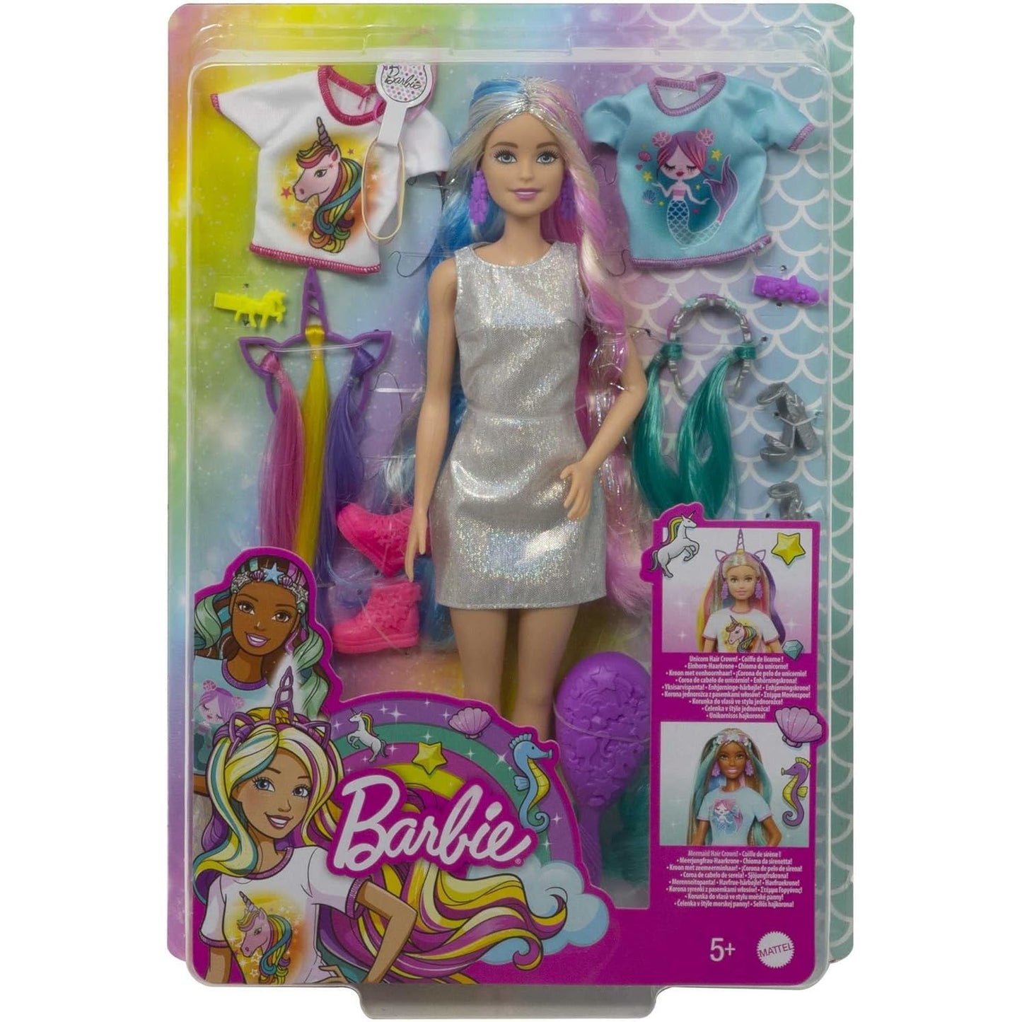 Barbie-Puppe, Einhorn-Barbie-Puppe mit Meerjungfrauenhaar und Einhorn-Haarkrönchen