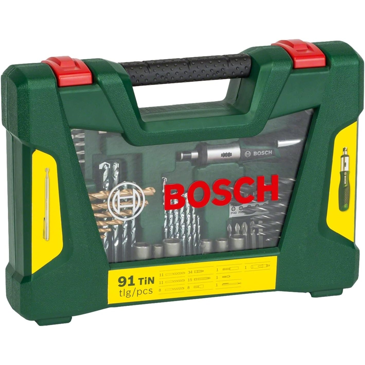 Bosch Accessories 91tlg. Titanium-Bohrer- und Bit Set V-Line für Holz, Stein und Metall, inkl. Ratschen-Schraubendreher