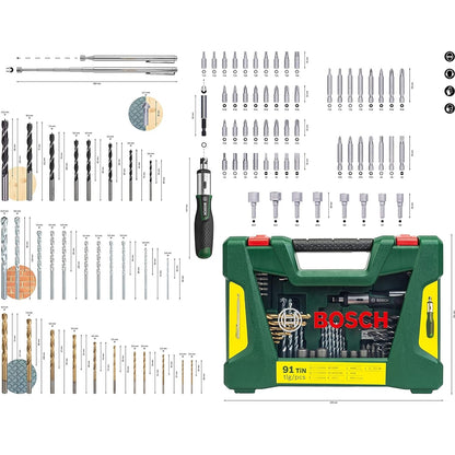 Bosch Accessories 91tlg. Titanium-Bohrer- und Bit Set V-Line für Holz, Stein und Metall, inkl. Ratschen-Schraubendreher