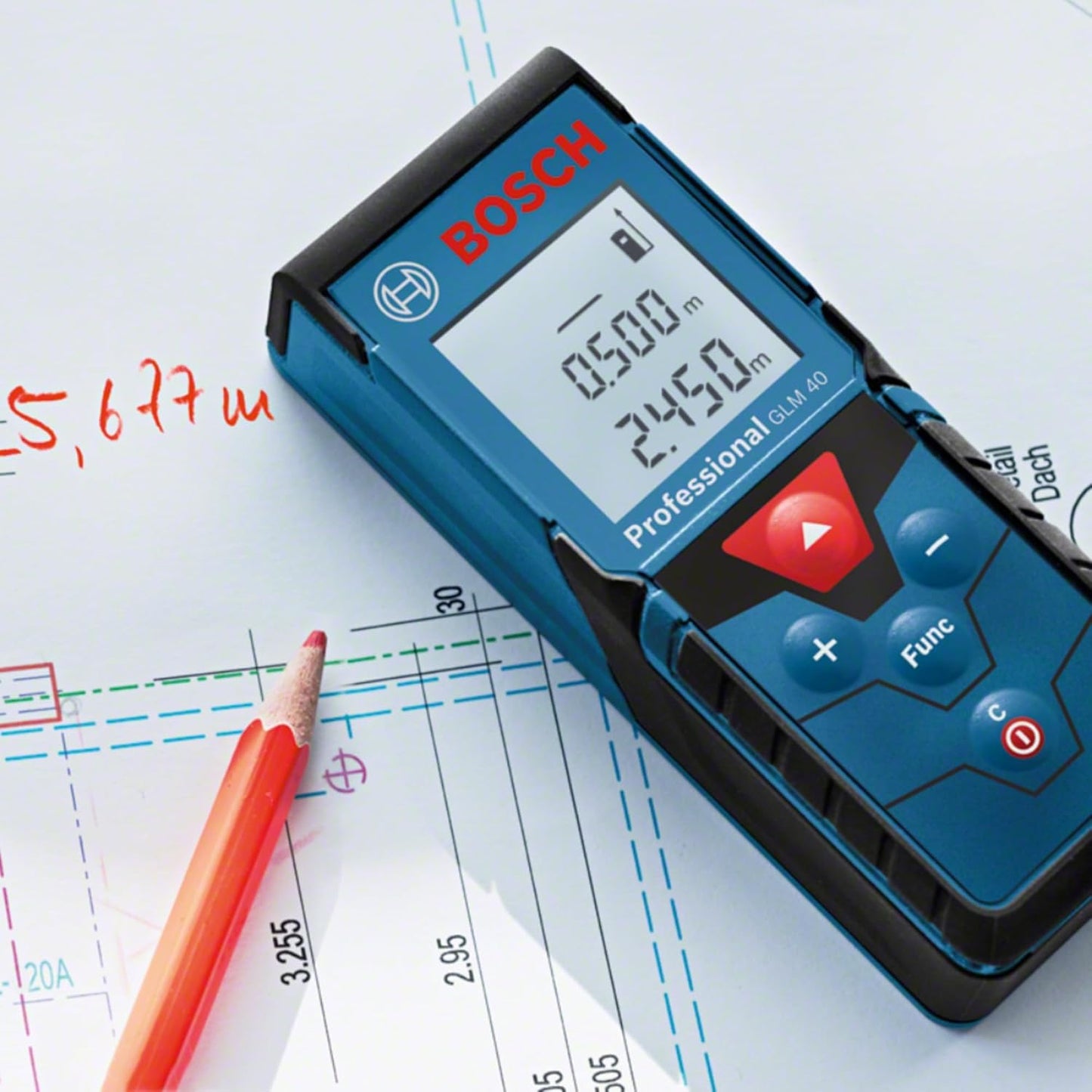 Bosch Professional Laser Entfernungsmesser GLM 40 (Flächen-/Volumenberechnung, max. Messbereich: 40 m, 2x 1,5-V Batterien, Schutztasche)