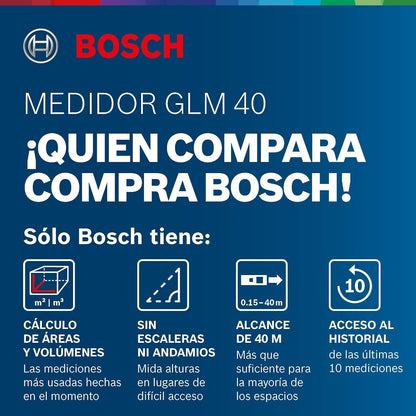 Bosch Professional Laser Entfernungsmesser GLM 40 (Flächen-/Volumenberechnung, max. Messbereich: 40 m, 2x 1,5-V Batterien, Schutztasche)