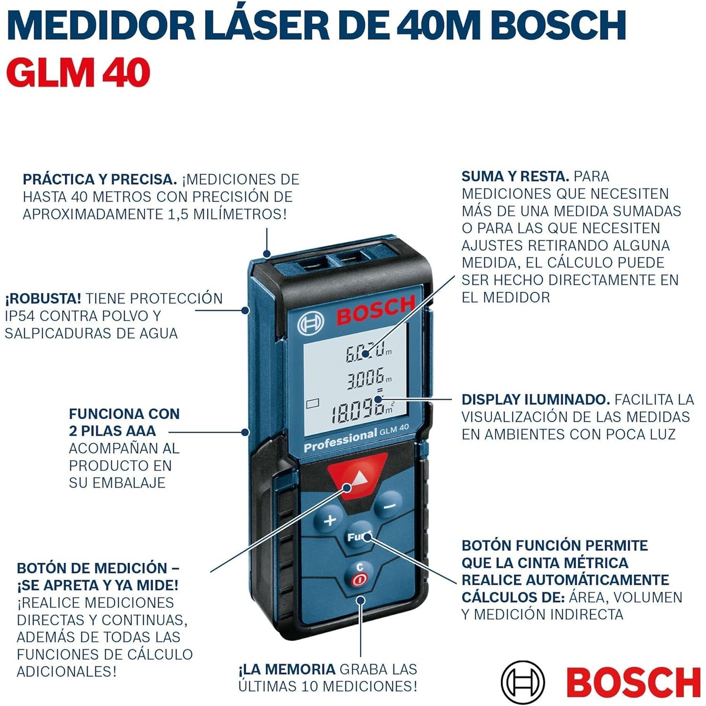 Bosch Professional Laser Entfernungsmesser GLM 40 (Flächen-/Volumenberechnung, max. Messbereich: 40 m, 2x 1,5-V Batterien, Schutztasche)