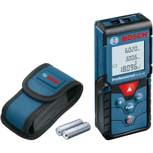 Bosch Professional Laser Entfernungsmesser GLM 40 (Flächen-/Volumenberechnung, max. Messbereich: 40 m, 2x 1,5-V Batterien, Schutztasche)