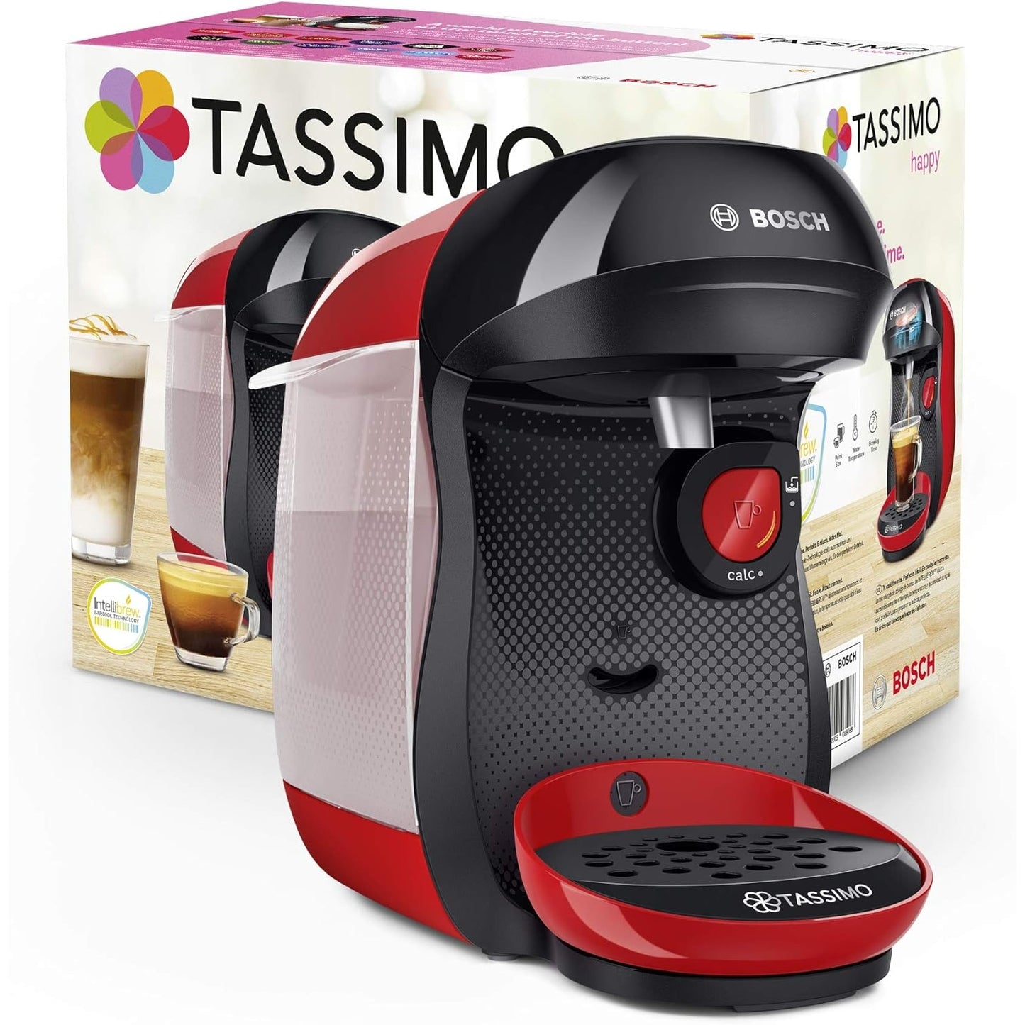 Bosch Tassimo Happy Kapselmaschine TAS1003 Kaffeemaschine vollautomatisch für alle Tassen 1400 W, rot