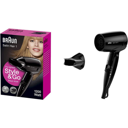 Braun Satin Hair 1 Style&Go Haartrockner, Föhn mit Stylingdüse, klappbar, HD130, schwarz