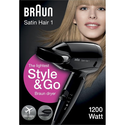 Braun Satin Hair 1 Style&Go Haartrockner, Föhn mit Stylingdüse, klappbar, HD130, schwarz