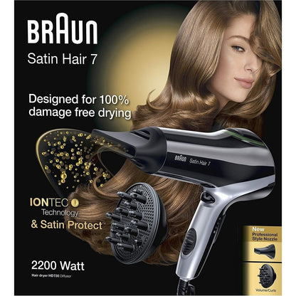 Braun Satin Hair 7 Haartrockner, professioneller Föhn mit IonTec, Stylingdüse und Diffusor