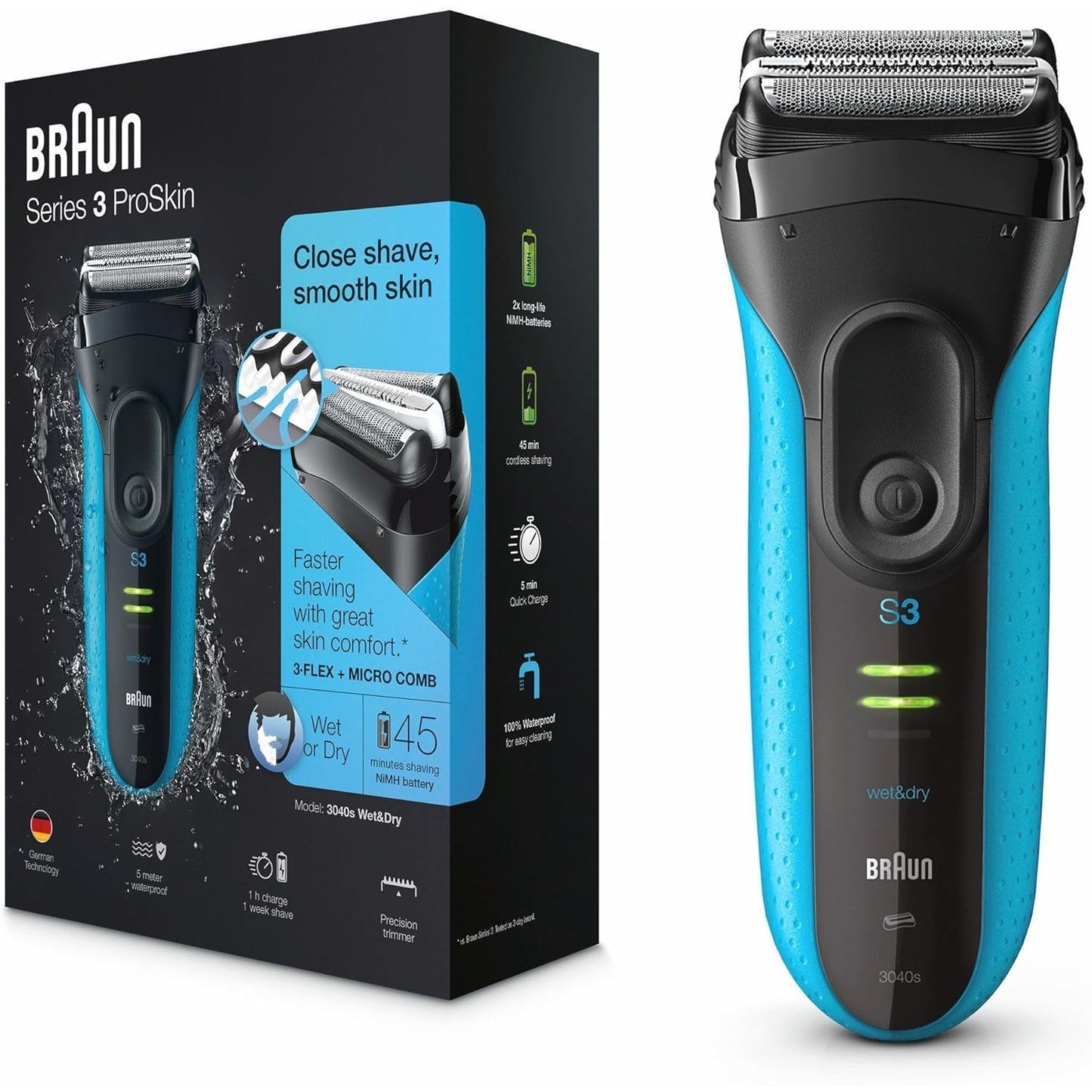 Braun Series 3 ProSkin Rasierer Herren, Elektrorasierer mit Präzisionstrimmer, wiederaufladbar kabellos 45 Min Laufzeit, Wet&Dry