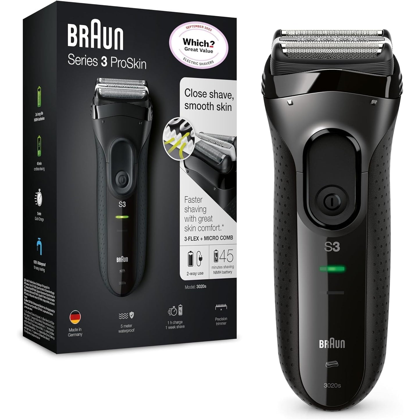 Braun Series 3 ProSkin Rasierer Herren, Elektrorasierer & Trimmer, wiederaufladbar kabellos 45 Min Laufzeit