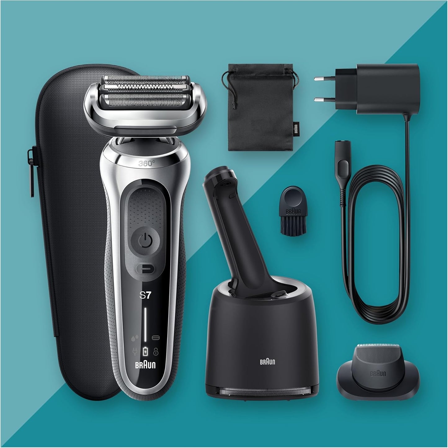 Braun Series 7 Elektrorasierer 360° Flex mit Reinigungsstation, Trimmer & Rasierer Herren Elektrisch, Wet & Dry