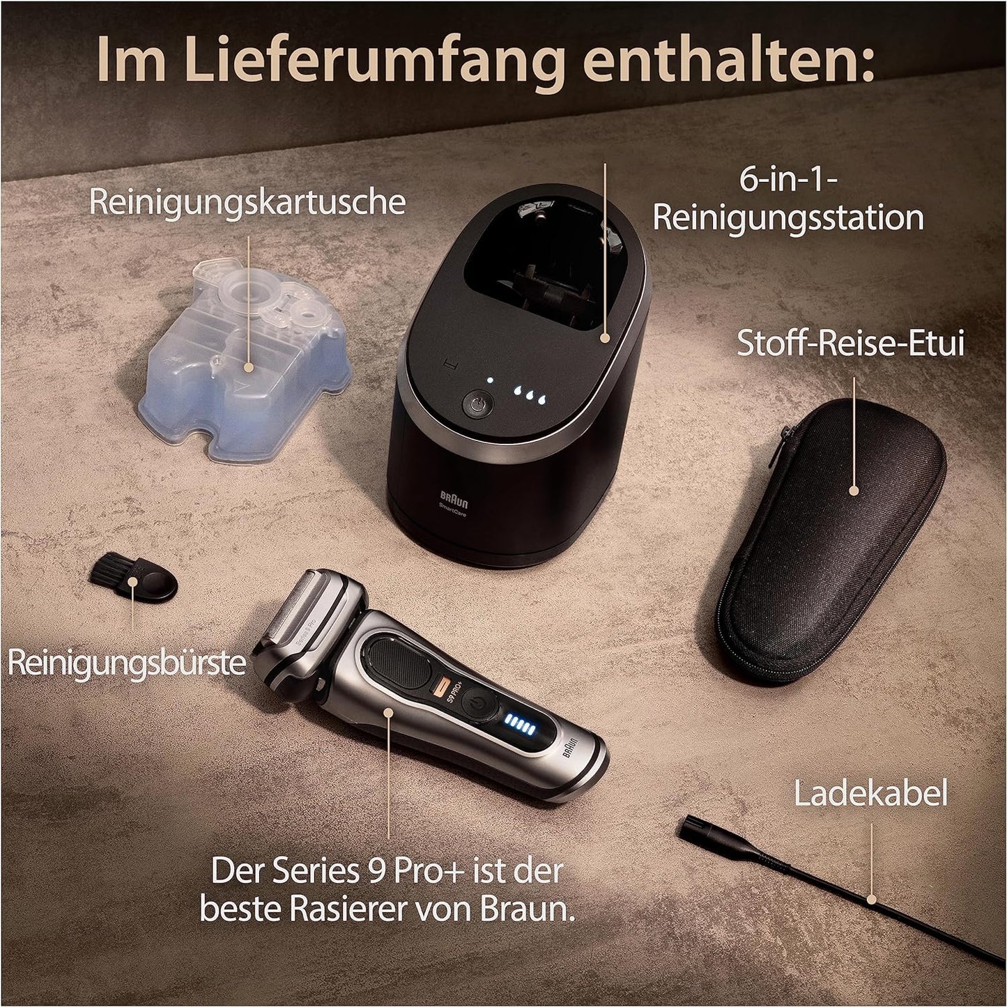 Braun Series 9 Pro+ Rasierer Herren Elektrisch, Langhaarschneider ProTrimmer & Reinigungsstation, 60 Min Laufzeit