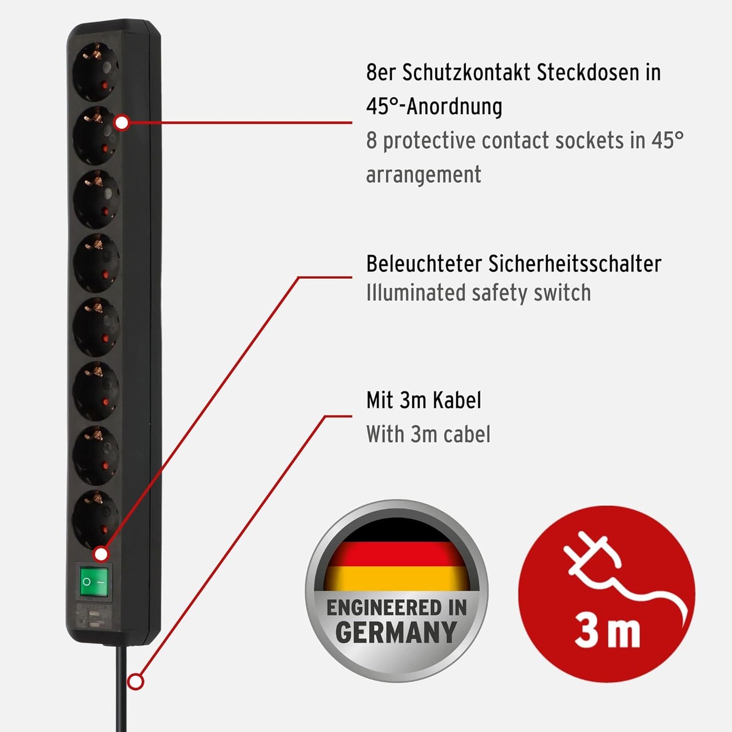 Brennenstuhl Eco-Line Steckdosenleiste 8-Fach Steckerleiste mit Schalter und 3m Kabel