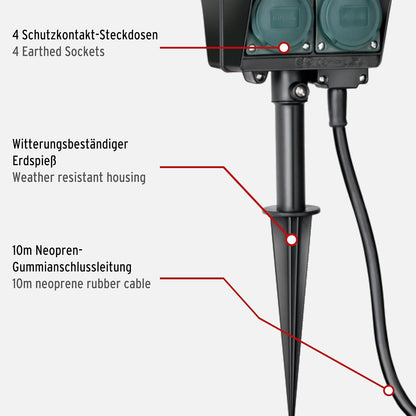 Brennenstuhl Garten-Steckdose/Außensteckdose 4-Fach mit Erdspieß witterungsbeständiger 10m Kabel